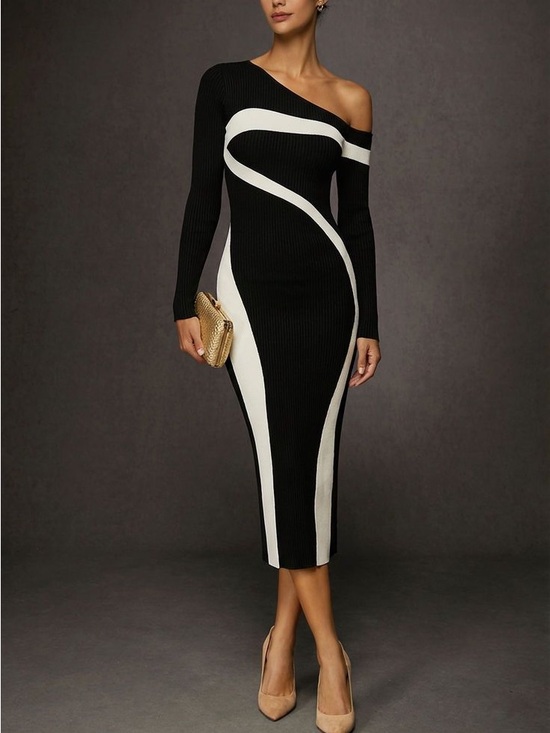 Chicnery Dresses & Skirts - Chicnery One-Shoulder Black & White Bodycon Midi Dress